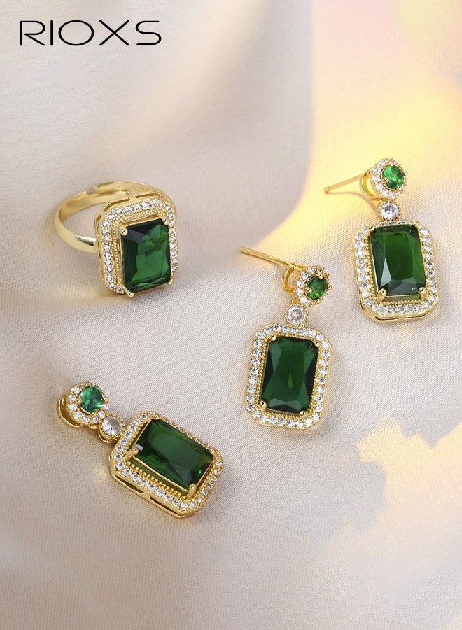 RIOXS 3-Piece Women's Emerald Jewelry Set, Zircon Square Pendant Earrings, Hypoallergenic Diamond-Studded Stainless Steel Necklace, Exquisite Minimalist Large Gemstone Ring, Oxidation-Resistant Layered Jewelry Set for Casual and Formal Occasions - Image 2